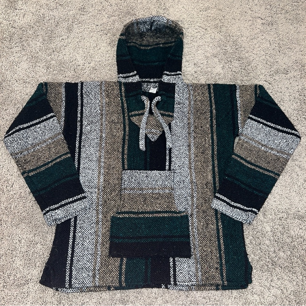 Artesanias Men’s Med Baja Mexico Blanket Pullover Poncho Hoodie Blue Medium EUC